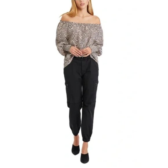 Sanctuary Sunshine Womens Off the Shoulder Leopard Print Long Sleeve Blouse Top - Picture 2 of 8